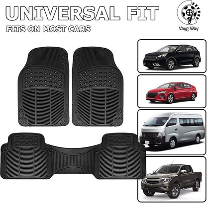 VaygWay Universal 3 Piece Heavy Duty Front and Rear Black Rubber Floor Mats - Premium Quality Trimmable Universal Fit All Weather Protection Floor Mats for Car Van SUV Truck