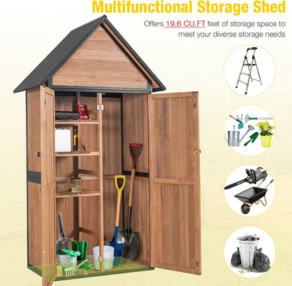 Outdoor Storage Shed,Vertical Wooden Tool Shed with Waterproof Roof,Adjustable 3 Tiers Shelves,Storage Tool Cabinet Box with Metal Frame Sloped Roof for Backyard Garden Patio Lawn (Brown)