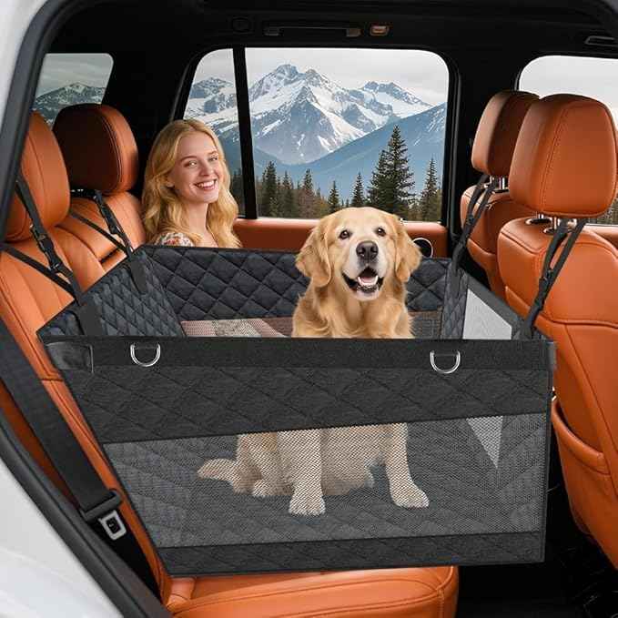 Large PU Dog Car Seat - Waterproof Dog Back Seat Cover with 3 Mesh Windows - Hard Bottom Extender, Safety Belt, Non-Slip Hammock for SUV, Truck, Car