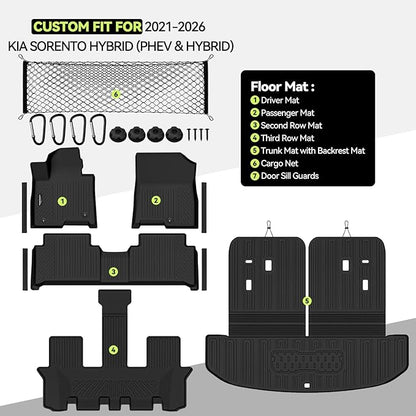 Tongama-Floor Mats for 2021-2026 Kia Sorento Hybrid (PHEV & Hybrid), All Weather TPE Trunk Mat with Backrest Mat & Cargo Net & Door Sill Guards for Kia Sorento Hybrid Floor Liner Accessories