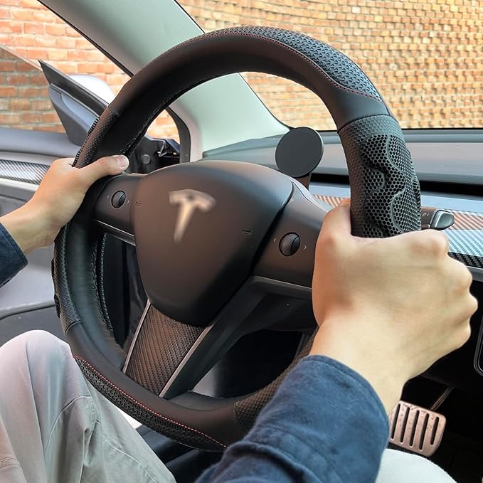 PINCTROT Great Grip Steering Wheel Cover for Tesla Model Y/3 2016-2025 2026 Highland/Juniper, D Shaped 14 Inch Small Sized, Flat Bottom with 3D Honeycomb Anti-Slip Design (Great Grip Black/Red Stitch)