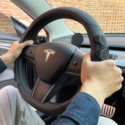 PINCTROT Great Grip Steering Wheel Cover for Tesla Model Y/3 2016-2025 2026 Highland/Juniper, D Shaped 14 Inch Small Sized, Flat Bottom with 3D Honeycomb Anti-Slip Design (Great Grip Black/Red Stitch)