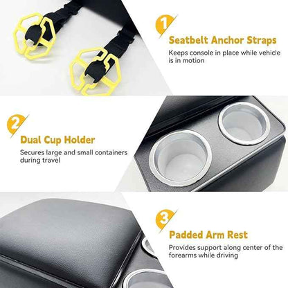 Universal Truck Seat Organizer, Black Storage Box with 2 Cup Holders, Armrest & Padded Lid for Car Organization - Fits SUV & Pickup