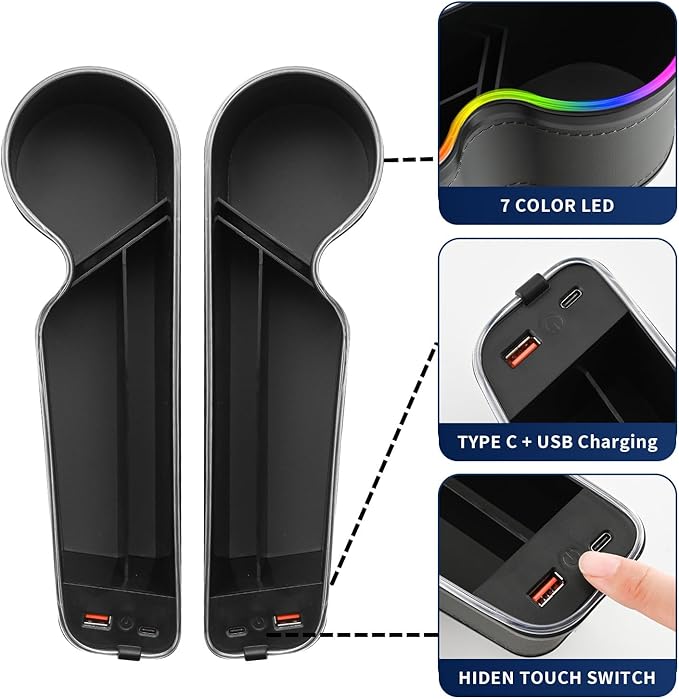 7 Color Led Car Seat Gap Organizer with 56W Type C USB Charging Multifunctional Front Seat Organizer with Cup Holder Console Organizer Seat Gap Filler with Vibe Lamp for Andriod iPhone Grey