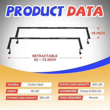 Truck Bed Adjustable Cross Bars, Wide Width Adjustment for All Pickup Trucks, No-Drills Needed Installation (Not for Any Bed Cover), 95034D