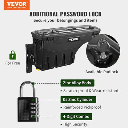 VEVOR Truck Bed Storage Box, Lockable Lid, Waterproof ABS Wheel Well Tool Box 6.6 Gal/20 L with Password Padlock, Compatible with Tundra 2007-2021, Driver Side, Black