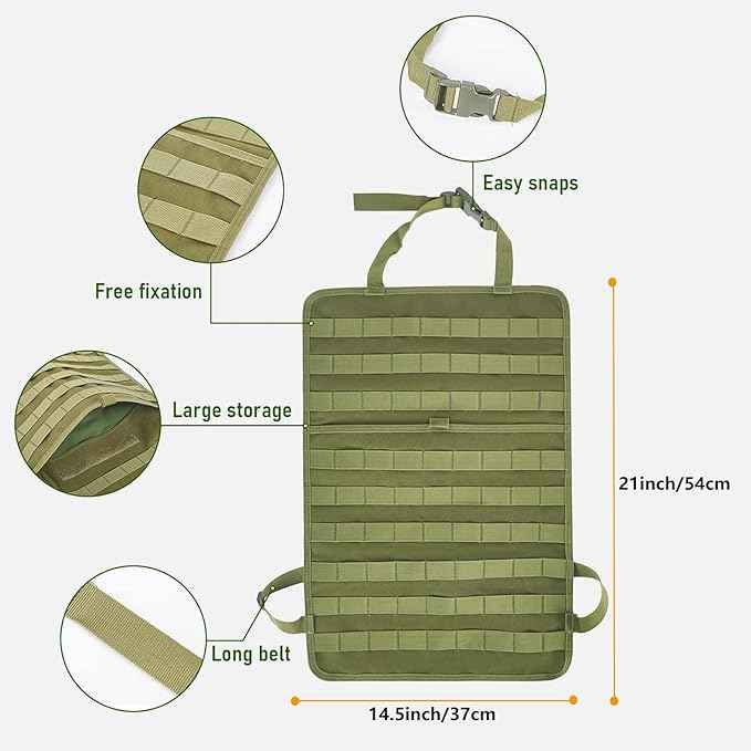 tactical car seat back organizer and storage truck seat covers with a Molle Vehicle Panel and 5 Different Size Molle Pouches for most models such as Jeep,SUV,Pickup (Army green)