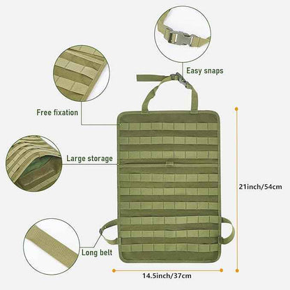 tactical car seat back organizer and storage truck seat covers with a Molle Vehicle Panel and 5 Different Size Molle Pouches for most models such as Jeep,SUV,Pickup (Army green)