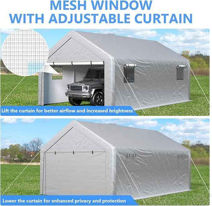 Carport 13x21 FT Enclosed Carport with Roll-up Windows, Portable Garage with Removable Sidewalls & Doors, Car Canopy Tent with Sandbags All-Season Tarp for Car Boat Truck Motorcycle