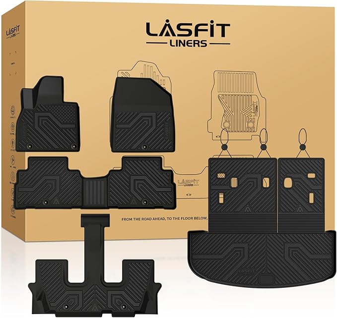 LASFIT Floor Mats & Backrest Mats & Cargo Mat for Kia Telluride 2025 2024 2023 2022 2021 2020, All Weather TPE Custom Fit Floor Liners with Full Set Car Mats & Trunk Mats Accessories, Black