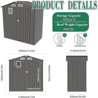 6x3.6FT Outdoor Storage Shed, Galvanized Steel Garden Shed with Lockable Door & Window, Waterproof Metal Tool Storage for Garden, Backyard, Patio, Lawn(Peak Roof)