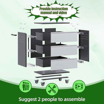 Aobabo Garage Storage Cabinet with 3 Drawers and 4 Hooks,Metal Storage Cabinet with Wheels for Garage Home,Required Assembly,Black&Silver,18.11" D x 30.3" W x 35.4" H