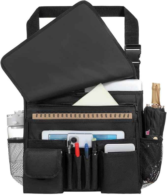 Car Front Seat Organizer for Paperwork File Laptop Mobile Office, Multi Compartment Storage Bag with Cup holder and Adjustable Strap for Car Work Truck Van