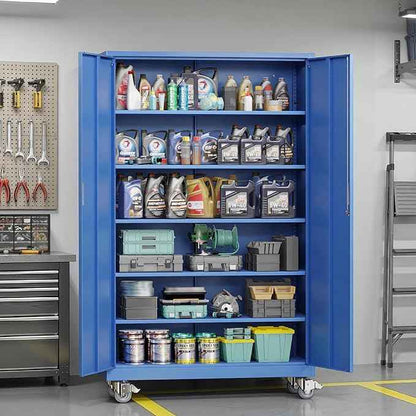 VINGLI Large Metal Storage Cabinet with 2 Doors and 5 Adjustable Shelves, Upgraded Height & Wide & Deep, 43''W x 20''D x 72''H, Oversized Garage Storage Cabinet with Wheels and Locks (Blue)