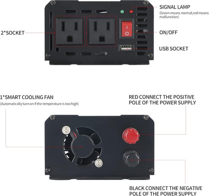 500W Pure Sine Wave Inverter 12V DC to 120V AC Converter for Home, RV, Truck, Off-Grid Solar Power Inverter with Built-in 5V/2.1A USB, Reliable Cable, Remote Controller