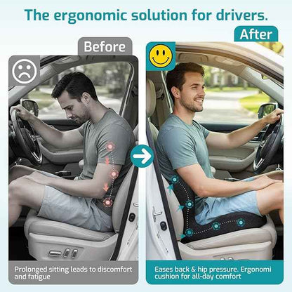 Trucker Seat Cushion, Car Seat Cushions with Lumbar Support Pillow, Ergonomic L-Shaped Orthopedic Memory Foam Pad for Long Driving Back Pain Sciatica Relief, Drivers Office Workers (Black+ Gray)