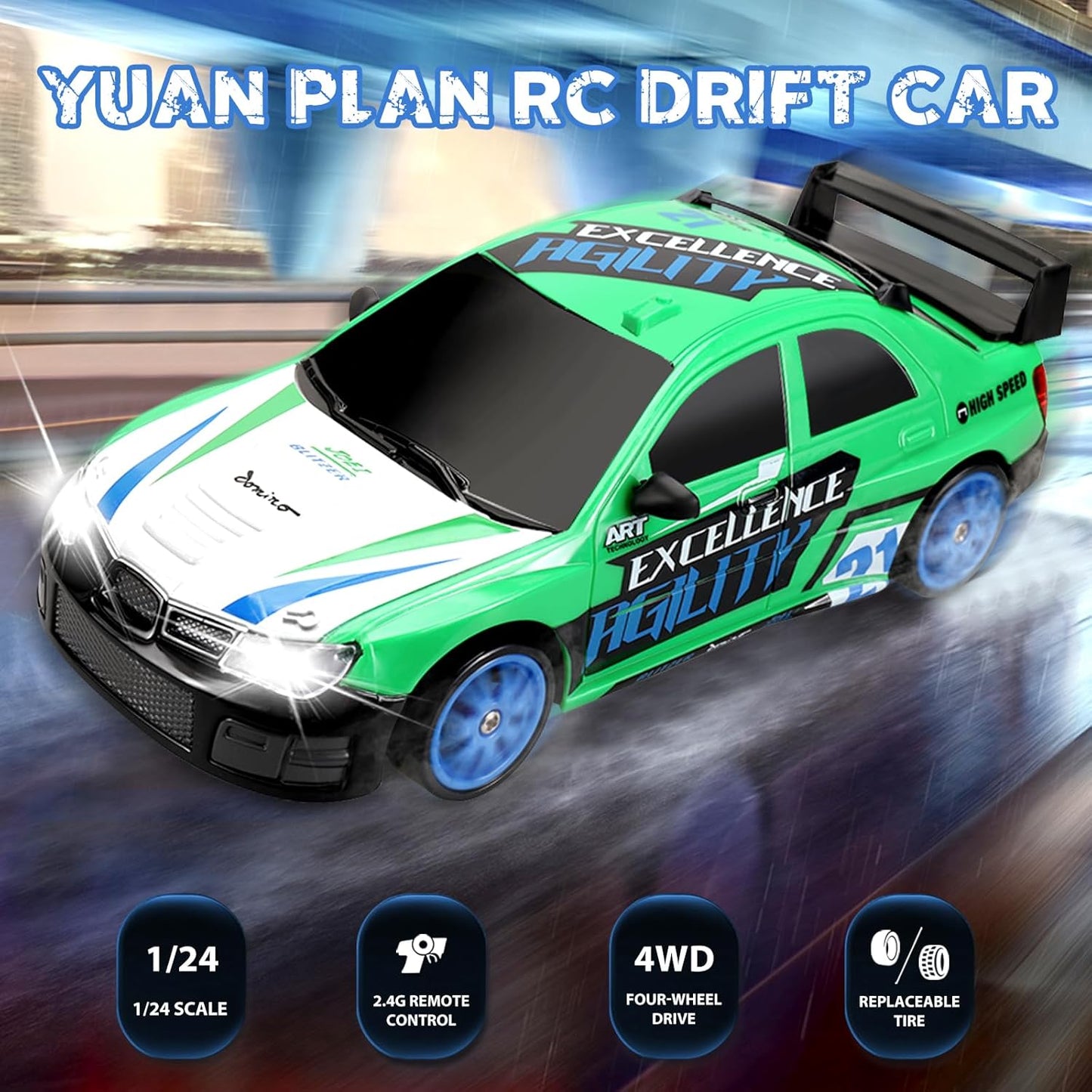 RC Drift Car 2.4GHz 1:24 Scale 4WD Remote Control Car 15KM/H High Speed Drifting RC Cars with Cool Lights, Two Batteries and Extra Tires Toys for Kids Boys Girls Adults, Green - AutoBay