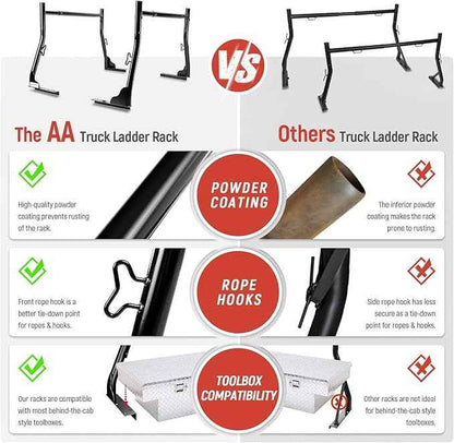 AA-Racks Model X31 800Ibs Capacity Extendable Steel Pick-Up Truck Ladder Rack Two-bar Set - Black