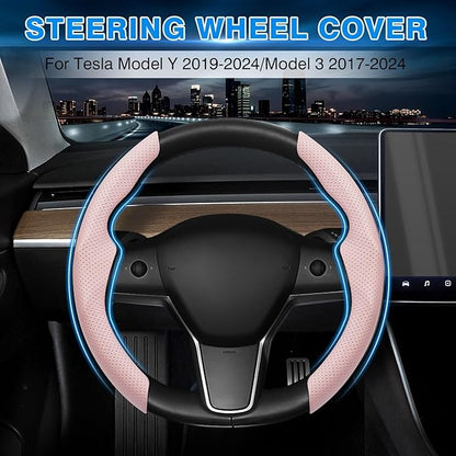Shademax Custom-Fit for Tesla Steering Wheel Cover, Tesla Model Y / 3 2017-2025 (Fit Model Y Juniper 2026/ Model 3 Highland) Carbon Fiber Steering Wheel Cover for Tesla Model Y / 3 Accessories (Pink)
