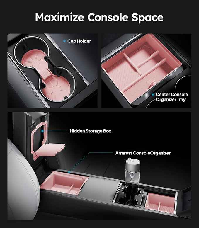 Wigoo Center Console Organizer for Tesla Model Y Juniper (Only Premium & Performance 2025 2026) and All Model 3 Highland Accessories [Double-Layer Storage, Smooth Sliding] 4PCS Pink