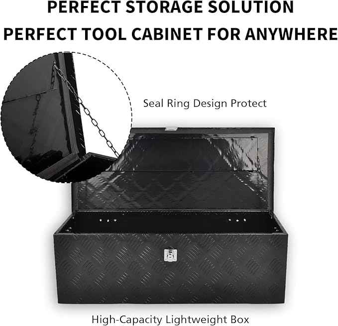 30 Inch Black Aluminum Tool Box 5 Bar Tread Chest Box Flatbox for Truck Car Outdoor Trailer Pickup Underbody RV ATV Storage Bed ToolBox w/Lock Side and Keys(30"X13"X10"),Black-30 Inch