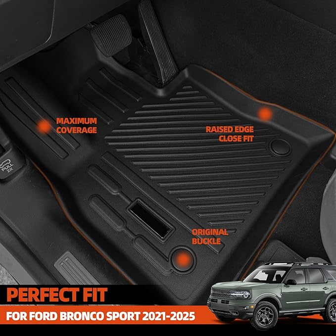 Custom Fit Floor Mats for Ford Bronco Sport 2021-2025 2026 (Not for Bronco or 4 Door), All Weather TPE Floor Liners with Trunk Mat & Backrest Protectors, Odorless Full Set Interior Accessories