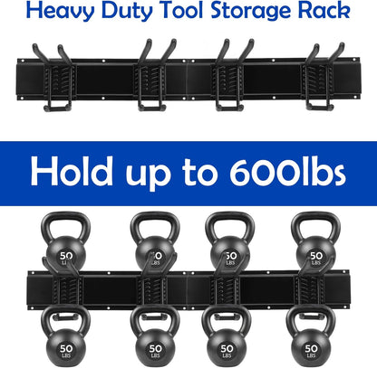 Garage Storage Rack Hooks, 32 Inch Heavy Duty Wall Mount Garage Organization with 2 Rails and 4 Adjustable Double Wall Hooks,Hanging Shelves for Garden Tool/Broom/Mop(Black)