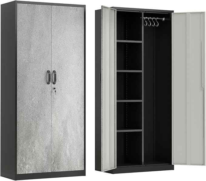 VINGLI Metal Storage Cabinet with Hanging Rod, 4 Adjustable Shelves, Lock Doors with Modern Gray Pattern Design, Armoire Wardrobe Closet Tool Functional Cabinet for Home, Office, Garage (Gray & Black)