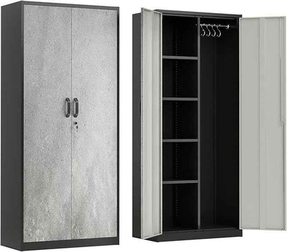 VINGLI Metal Storage Cabinet with Hanging Rod, 4 Adjustable Shelves, Lock Doors with Modern Gray Pattern Design, Armoire Wardrobe Closet Tool Functional Cabinet for Home, Office, Garage (Gray & Black)