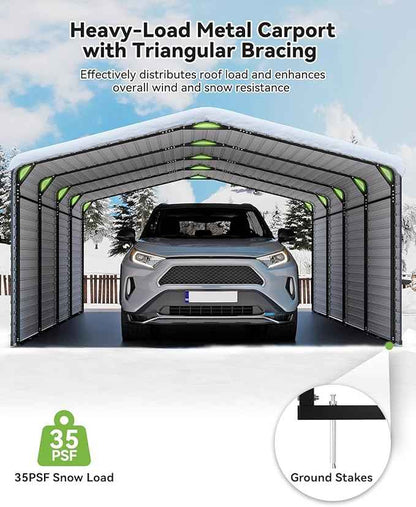Heavy Duty Metal Carport, 12x20FT Outdoor Carport Canopy with Galvanized Steel Roof and Reinforced Base, Metal Side Panels, Sidewalls, Garage Shelter Shade for Cars, Trucks, Boats, Gray