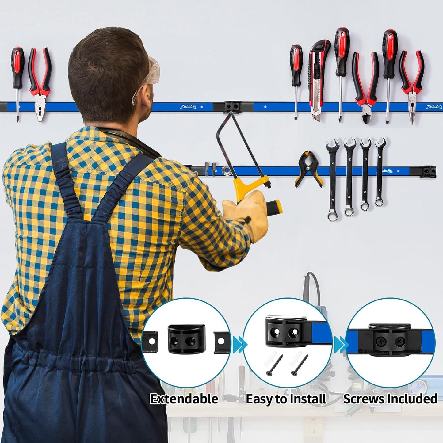 4 Pieces 12" Magnetic Tool Holder Strip, Blue Magnet Bar, Metal Tool Organizer Rack for Garage Organization, Easy To Install in Workshop, Mounting Screws Included