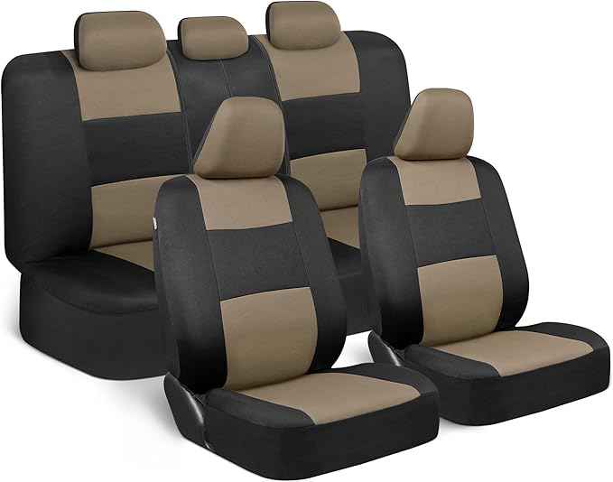 BDK PolyPro Beige Car Seat Covers Full Set with 4-Piece Car Floor Mats - Two-Tone Seat Covers for Cars with Carpet, Interior Covers for Auto Truck Van SUV