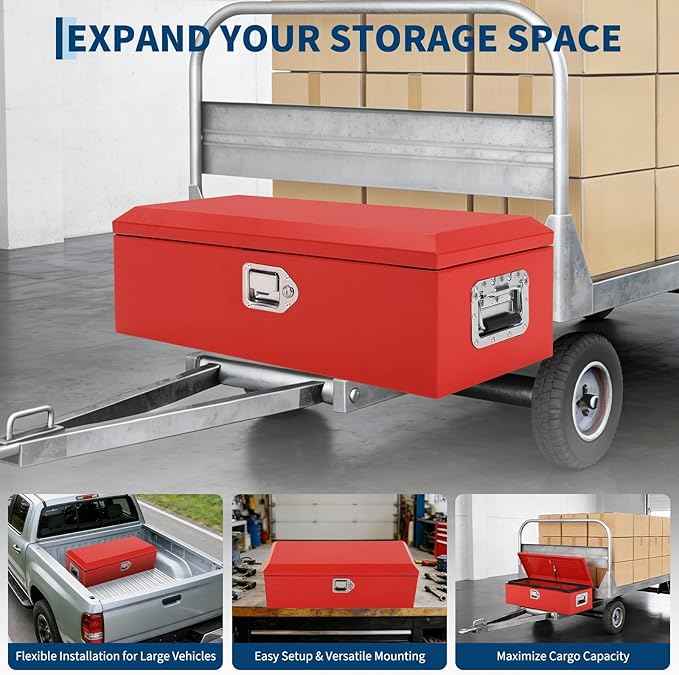 Heavy Duty Steel Metal Tool Box for Truck Bed, 30" Lockable Pickup Truck Tool Box with Gas Struts, Weatherproof Crossbed Storage Chest, Diamond Plate Truck Bed Tool Box for Trailer, RV, Work Truck
