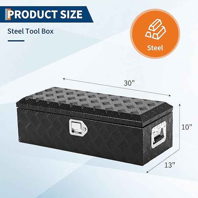 30 Inch Heavy Duty Aluminum Stripes Plated Tool Box Pick Up Truck Bed RV Trailer Toolbox Waterproof Storage Organizer with Side Handle, Lock and Keys