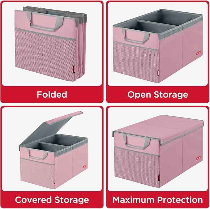 Rubbermaid Car Organizer, Collapsible Trunk Organizer, Multi-Compartment Car Storage Organization for Car Accessories, 2 Compartments With Cover, 21.65"*14.17"*12.2" - Pink