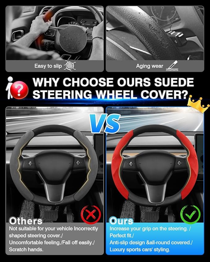 Shademax Custom-Fit for Tesla Steering Wheel Cover, Tesla Model Y/3 2017-2025 2026 (Fit Model Y Juniper 2026/ Model 3 Highland) Suede Steering Wheel Cover Non-Slip,Tesla Model Y/3 Accessories (Red)