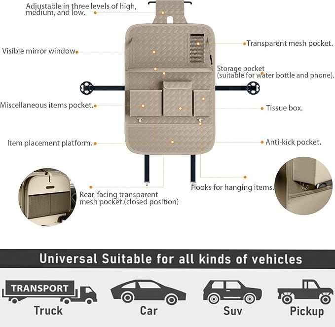 Car Seat Organizers,Multi-functional Back Seat Protectors, Storage Pouches, and Tray Holders (for Cars, Kids, Seat Back and Rear Seats) (Woven Beige, 1 Pcs)