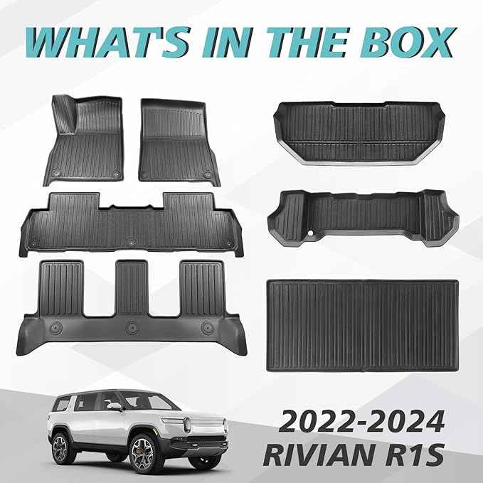 BestEvMod Compatible with Rivian R1S All Weather Cargo Liners Frunk Mat&Floor Liners&Trunk Mat Set Anti-Slip 3D Pattern TPE Waterproof Non-Slip 2022-2024 Accessories (R1S-Frunk+Floor+Trunk)