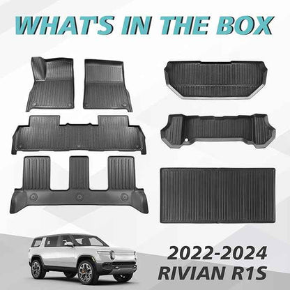 BestEvMod Compatible with Rivian R1S All Weather Cargo Liners Frunk Mat&Floor Liners&Trunk Mat Set Anti-Slip 3D Pattern TPE Waterproof Non-Slip 2022-2024 Accessories (R1S-Frunk+Floor+Trunk)