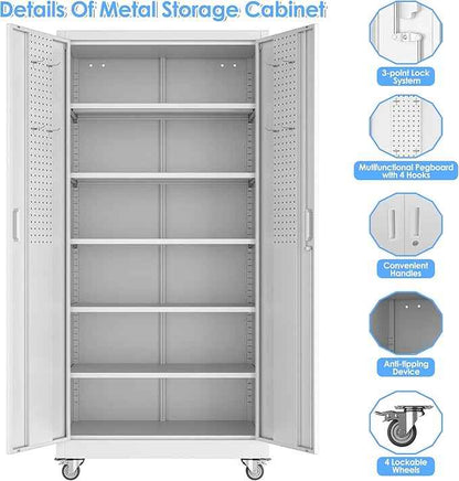 Aobabo Upgraded Garage Storage Cabinets with Wheels,Metal Storage Cabinets with 5 Adjustable Shelves for Garage Home Office Storage,White,71''H*34''W*18''D,Assembly Required