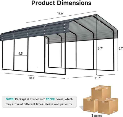 12x20 FT Metal Carport with Reinforced Base, Outdoor Heavy Duty Garage Car Shelter with Galvanized Steel Frame for Pickup, Boat, Car and Tractors, Party, Dark Gray