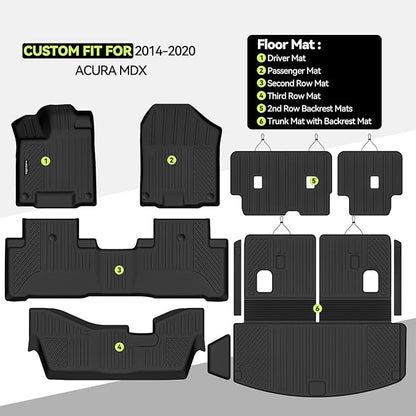 Tongama-Floor Mats for 2014-2020 Acura MDX, All Weather TPE Floor Liners & 2nd Backrest Mats & Trunk Mat with Backrest Mat for Acura MDX Waterproof Interior Accessories