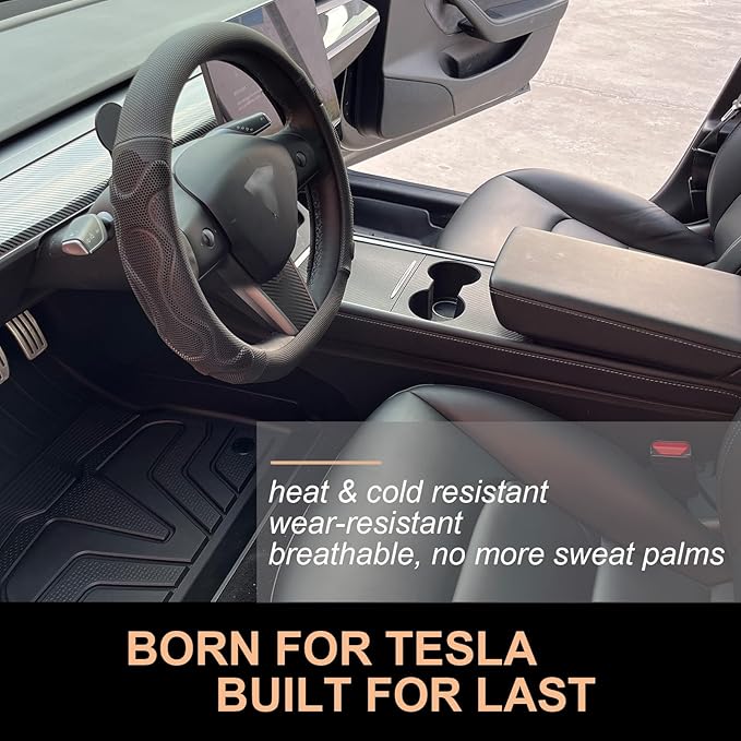 PINCTROT Comfy Grip Steering Wheel Cover for Tesla Model Y/3 2016-2025 2026 Standard/Highland/Juniper, D Shaped 14 Inch Small Sized, Flat Bottom with 3D Honeycomb Anti-Slip Design (Comfy Grip Black)