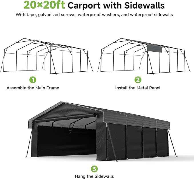 20x20FT Heavy Duty Metal Carport,Outdoor Garage with Removable Sidewalls & Doors, Heavy Duty Steel Frame and Galvanized Roof for Cars and Boats, Gray