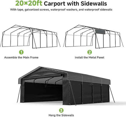 20x20FT Heavy Duty Metal Carport,Outdoor Garage with Removable Sidewalls & Doors, Heavy Duty Steel Frame and Galvanized Roof for Cars and Boats, Gray