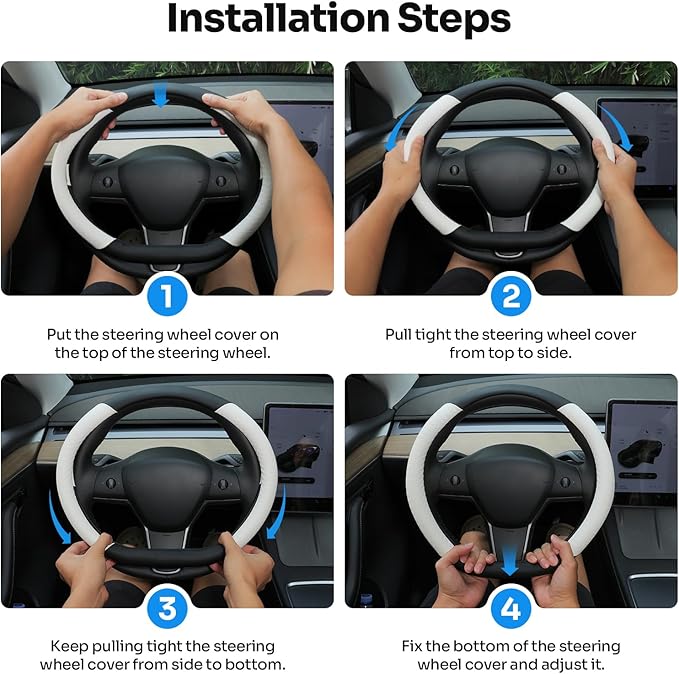 Steering Wheel Cover for 2016-2026 Telsa Model 3/Model Y Accessories (Fit New Model Y Juniper/Model 3 Highland), Leather Steering Wheel Cover Protector Anti-Slip, Comfortable Grip, Breathable