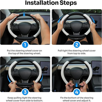 Steering Wheel Cover for 2016-2026 Telsa Model 3/Model Y Accessories (Fit New Model Y Juniper/Model 3 Highland), Leather Steering Wheel Cover Protector Anti-Slip, Comfortable Grip, Breathable