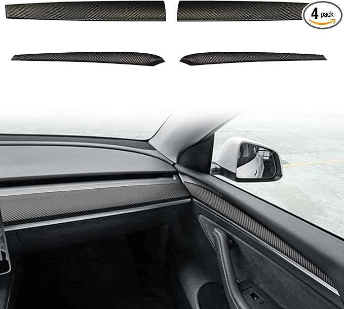 for Tesla Model Y (2019-2024) Model 3 (2021-2023) Dash Wrap Front Door Trim ABS Dashboard Cover Cap Interior Decoration Wrap Kit Compatible Whit Accessories 4Pcs(Matte Carbon Fiber Pattern)