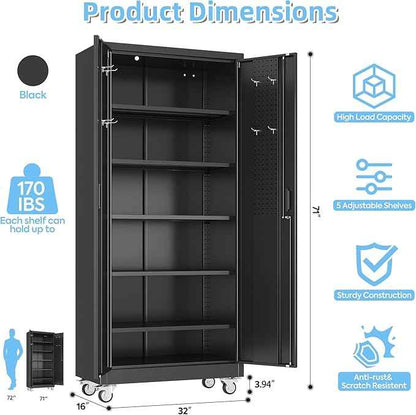 Aobabo Upgraded Garage Storage Cabinets with Wheels,Metal Storage Cabinets with 5 Adjustable Shelves for Garage Home Office Storage, Black,71''H*34''W*18''D,Assembly Required
