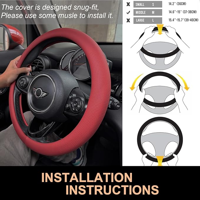PINCTROT Nappa Leather Steering Wheel Cover, Slim Fit No Bulk Design, One Piece Leather with Breathable Perforation, Fit Like Gloves, Universal 14.5-15 Inch(Nappa Rust Red)